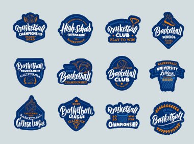 Antika basketbol amblemleri ve pulları. Basketbol kulübü, okul, lig çıkartmaları, yamalar, rozetler, şablonlar.