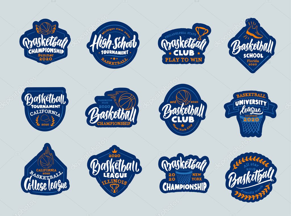 Set of vintage Basketball emblems and stamps. Basketball club, school, league stickers, patches, badges, templates. Collection of retro sport logos with hand-drawn text, phrases. Vector illustration