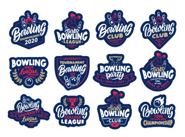 Bowling çıkartmaları, yamalar. Renkli rozetler, amblemler, kulüp pulları, beyaz arka planda süper lig