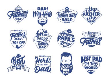 Set of vintage father's day emblems, stamps, badges, stickers. Collection of logos with hand-drawn text, phrases clipart