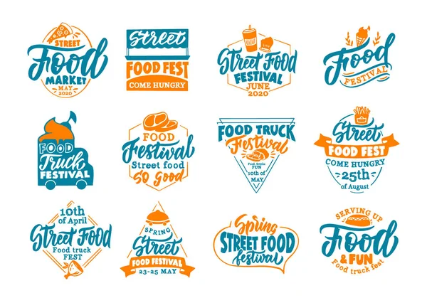 Conjunto de emblemas y sellos de comida de la calle vintage. Insignias coloridas, plantillas, pegatinas sobre fondo blanco aislado — Vector de stock