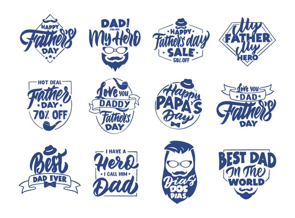 Klasik Babalar Günü amblemleri, pullar, rozetler, çıkartmalar. El çizimi metin ve ifadelerle logo koleksiyonu — Stok Vektör