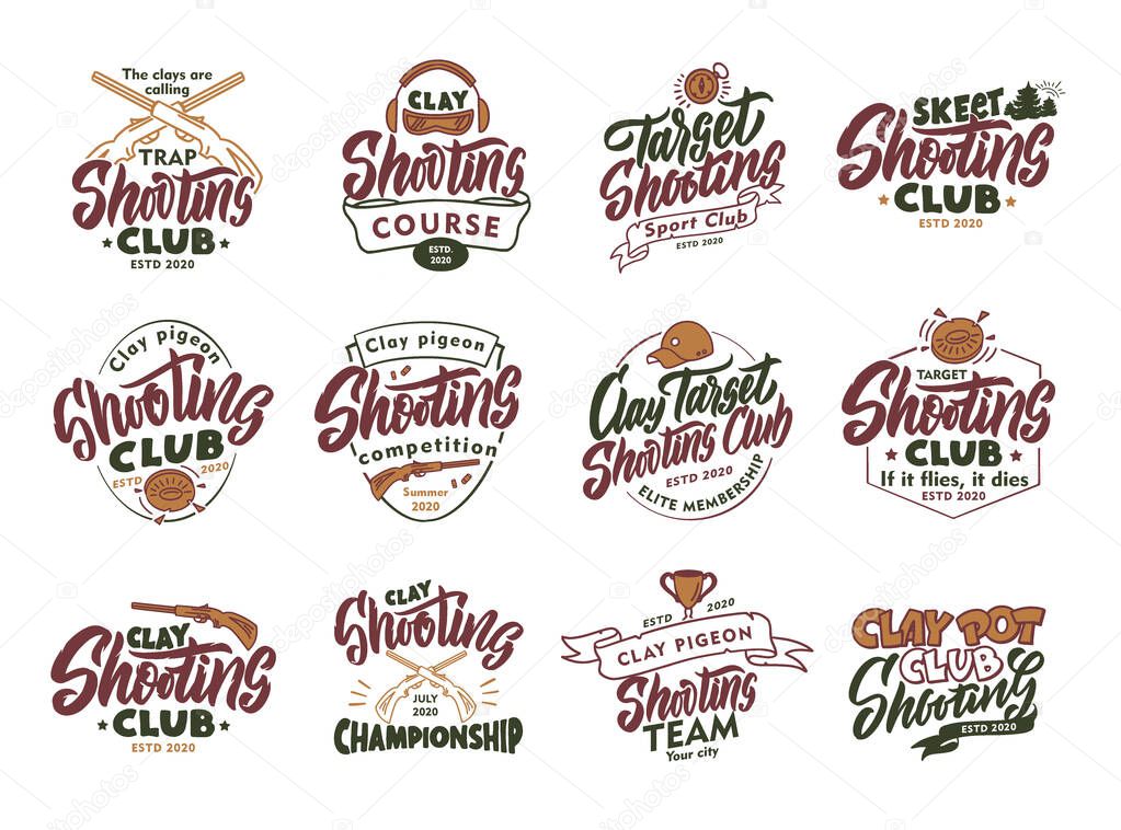 Set of vintage Clay Shooting emblems and stamps. Colorful badges, templates and stickers for Shooting club. Collection of retro logos with hand-drawn text and phrases. Vector illustration