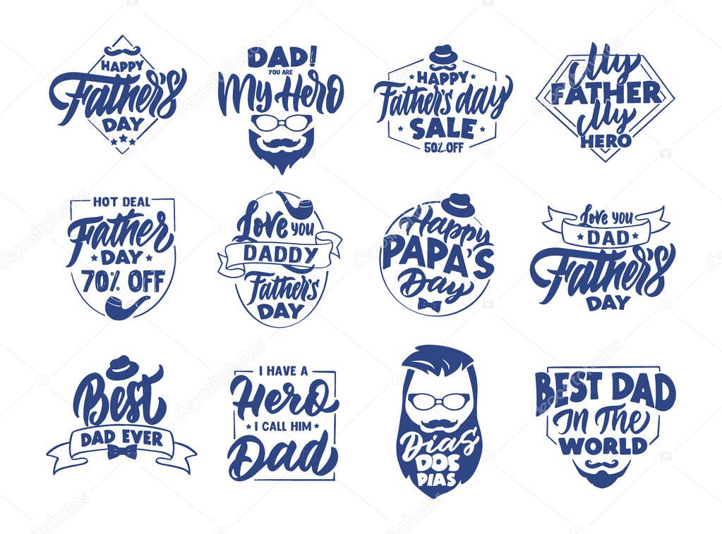 Set of vintage father's day emblems, stamps, badges, stickers. Collection of logos with hand-drawn text, phrases. Vector illustration. Dia Dos Pias - Happy father's day