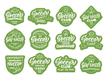 Set of Soccer stickers, patches. Green badges, emblems, stamps on white background.