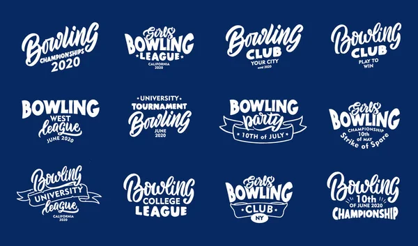 Conjunto de frases vintage Bowling. emblemas blancos, insignias, plantillas, pegatinas sobre fondo azul . — Vector de stock