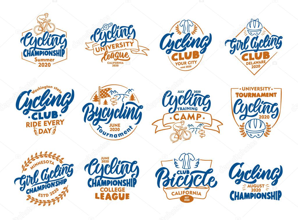 Set of vintage Cycling, Bicycle emblems, stamps. Colorful badges, templates, stickers