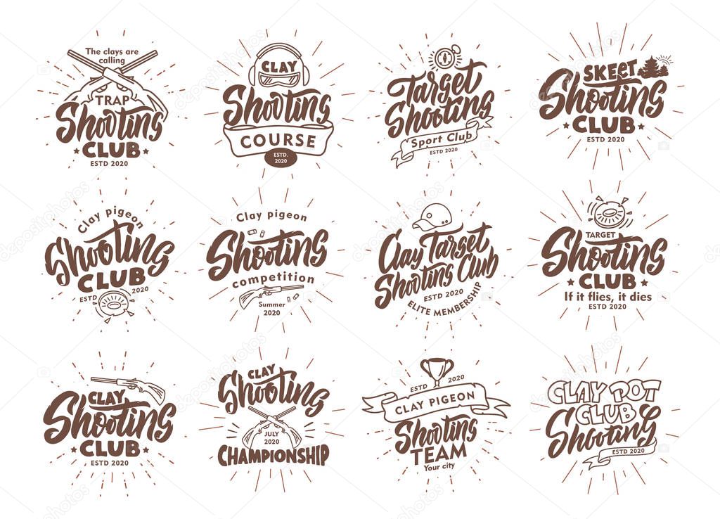 Set of vintage Clay Shooting emblems and stamps. Sports badges, templates and stickers for club with rays elements. Collection of sport logos with hand-drawn text, phrases. Vector illustration
