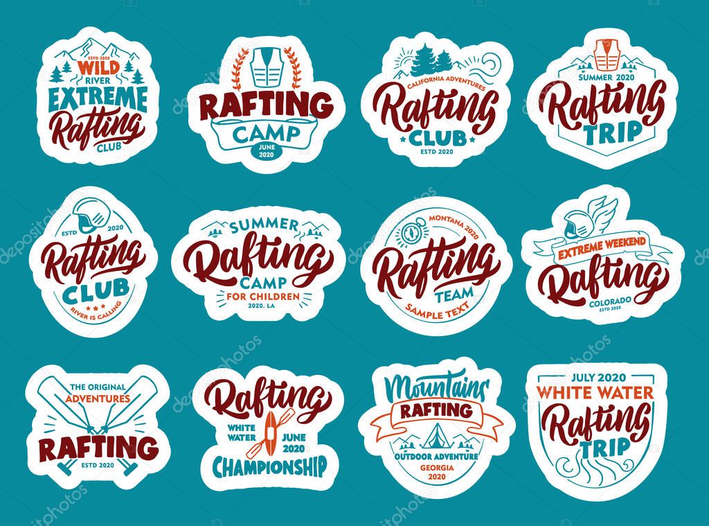 Set of Rafting stickers, patches. Colorful badges, emblems, stamps for club on blue background. Collection of retro logos with hand-drawn text, phrases. Vector illustration