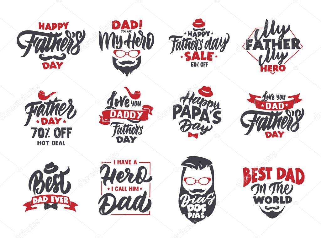 Set of vintage Happy fathers day emblems and stamps. Color badges, stickers.