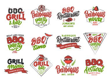 Set of vintage BBQ time emblems and stamps. Colorful badges, templates, stickers on white background