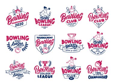 Set of vintage Bowling emblems and stamps. Colorful badges, templates, stickers on white background