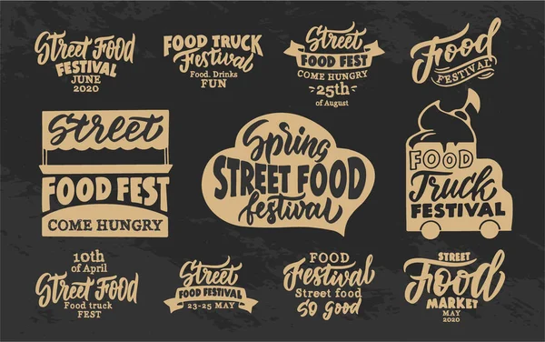 Conjunto de frases vintage de comida callejera. emblemas del festival de alimentos, insignias, plantillas, pegatinas sobre fondo negro . — Vector de stock