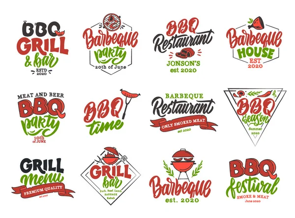 Set of vintage BBQ time emblems and stamps. Colorful badges, templates, stickers on white background — Stockový vektor