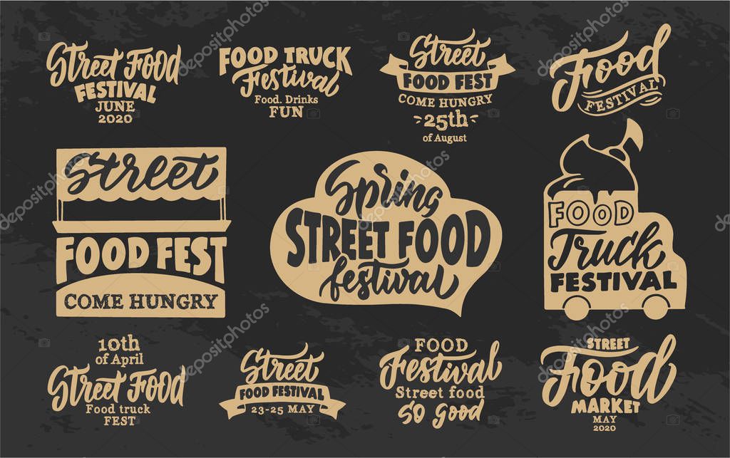 Set of vintage Street food phrases. Food fest emblems, badges, templates, stickers on black background. Collection of retro logos with hand-drawn text. Vector illustration