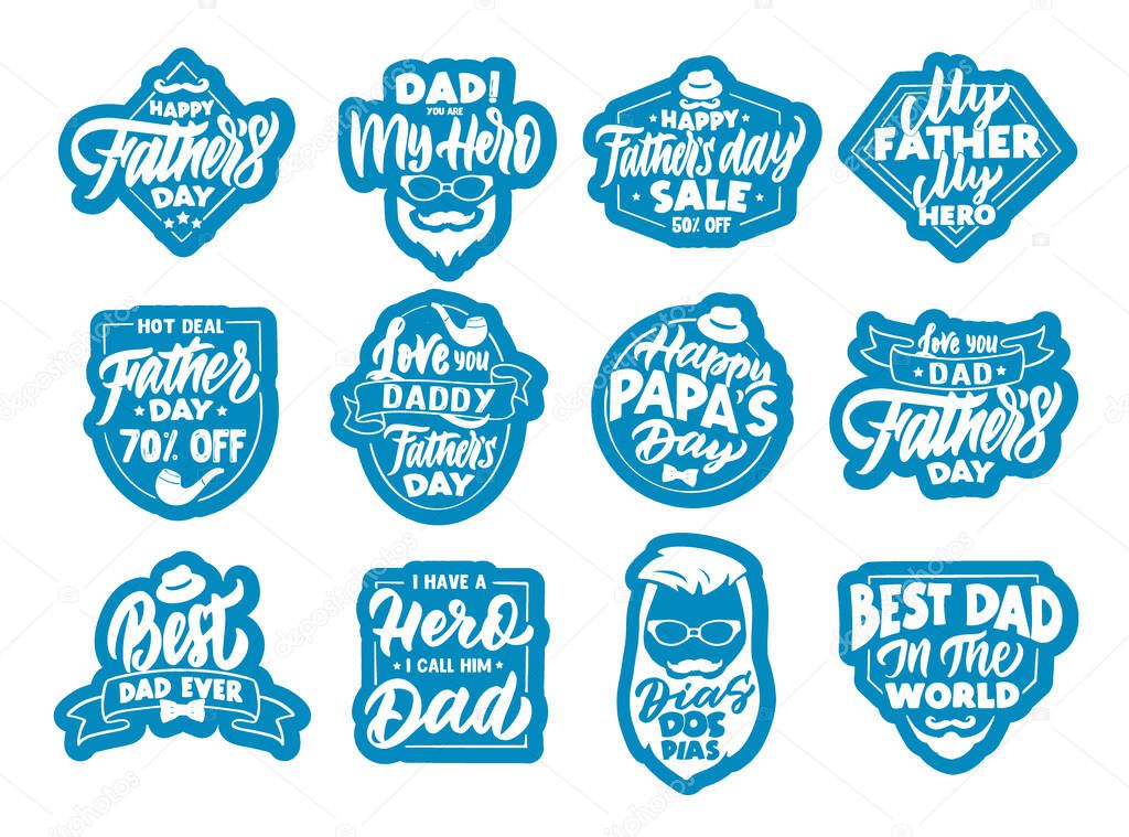 Set Of Fathers Day Stickers Patches Blue And White Badges Emblems Stamps Collection Of Retro Logos With Hand Drawn Text Phrases Vector Illustration Dia Dos Pias Happy Fathers Day Premium Vector
