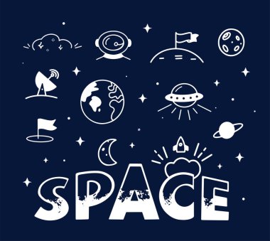 Kozmos 'un el yazısı koyu mavi arkaplana beyaz simgeler çizdi. Uzay görevi temalı kompozisyon. Ay, Dünya, gezegen karalamaları ve uzay kelimesi harfleri