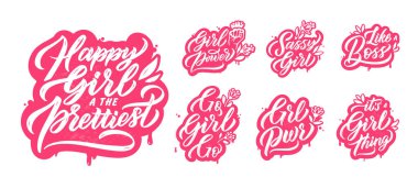 Kız güç cümleleri kaligrafik yazıtlar destesi. Patron gibi, şımarık kız gibi, grl pwr harfleri. Feminist, arka plandaki pembe çıkartmalardan alıntı yapıyor. Güçlü kadın moda tırmanışları.