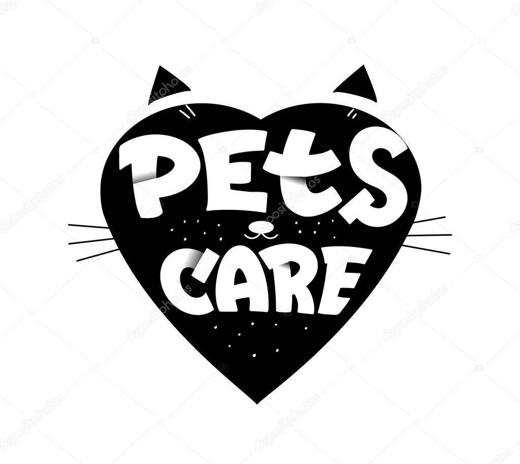 Pets care vet clinic hand drawn logotype. Stylized heart shaped cat snout with handwritten lettering. Domestic animals shelter emblem with creative paper cut inscription. Pet center logo