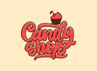 Şeker amblemi ve logo. Şeker dükkanı rozeti, açık renkli arka planda çıkartma izole edilmiş. Elle çizilmiş metin ve cümlelerle retro logo koleksiyonu. Vektör illüstrasyonu