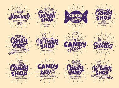 Eski Candy amblemleri ve pulları. Renkli tatlı rozetler, vatkalı çıkartmalar. El çizimi metin, simge ve ifadelerle logo koleksiyonu. Vektör illüstrasyonu