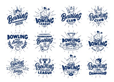 Klasik bowling amblemleri ve pulları. Mavi rozetler, beyaz arka planda çıkartmalar. Işınlı logo koleksiyonu, elle çizilmiş metin, ikonlar, cümleler. Vektör illüstrasyonu