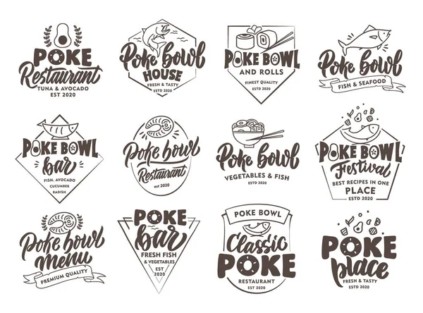 Set Vintage Poke Emblems Stamps Seafood Badges Stickers White Background — Stock Vector