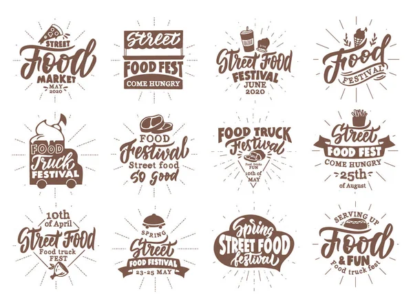 Serie Von Alten Street Food Emblemen Und Briefmarken Lebensmittelfest Abzeichen — Stockvektor