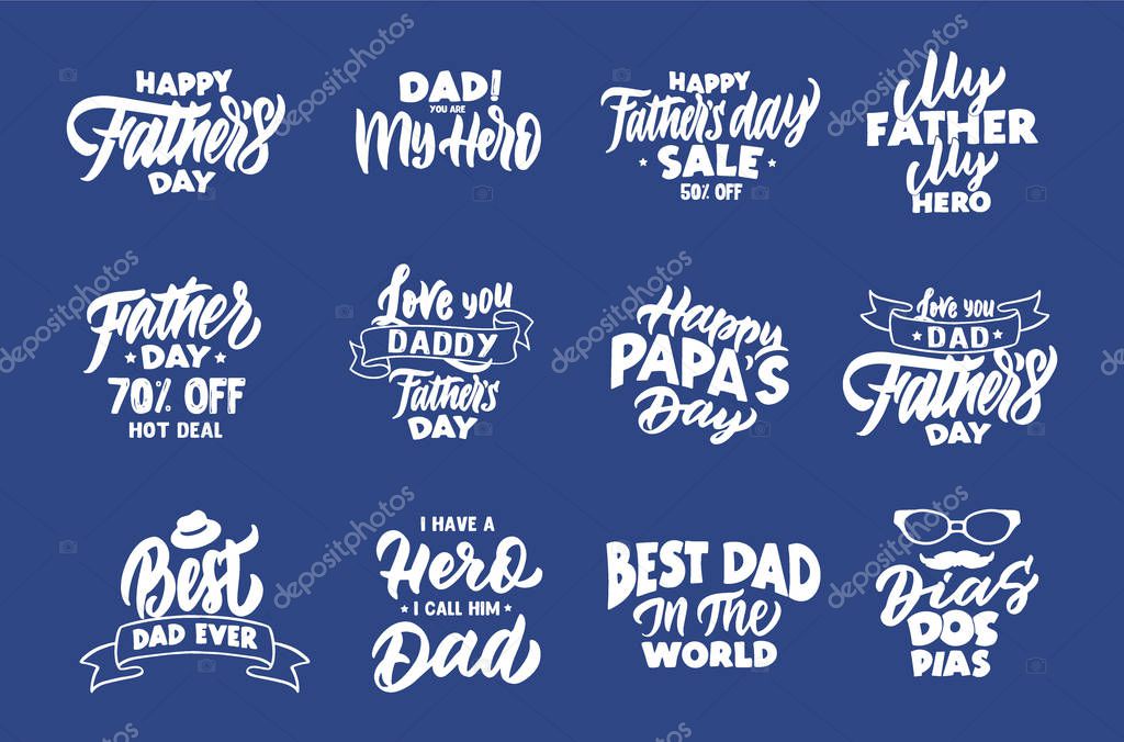 Set of vintage Happy father's day phrases. Emblems, badges, templates, stickers on blue background. Collection of retro logos with hand-drawn text. Vector illustration. Dia Dos Pias - Happy father's day