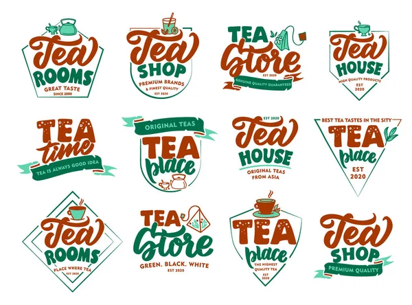 Conjunto Emblemas Bebida Chá Quente Vintage Selos Emblemas Coloridos Adesivos —  Vetores de Stock