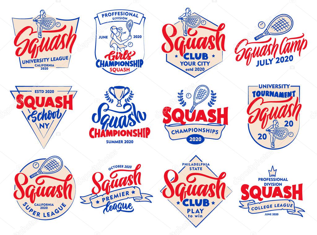 Set of vintage Squash emblems and stamps. Colorfuls port badges, stickers on white background. Collection of retro logos with hand-drawn text, phrases. Vector illustration.