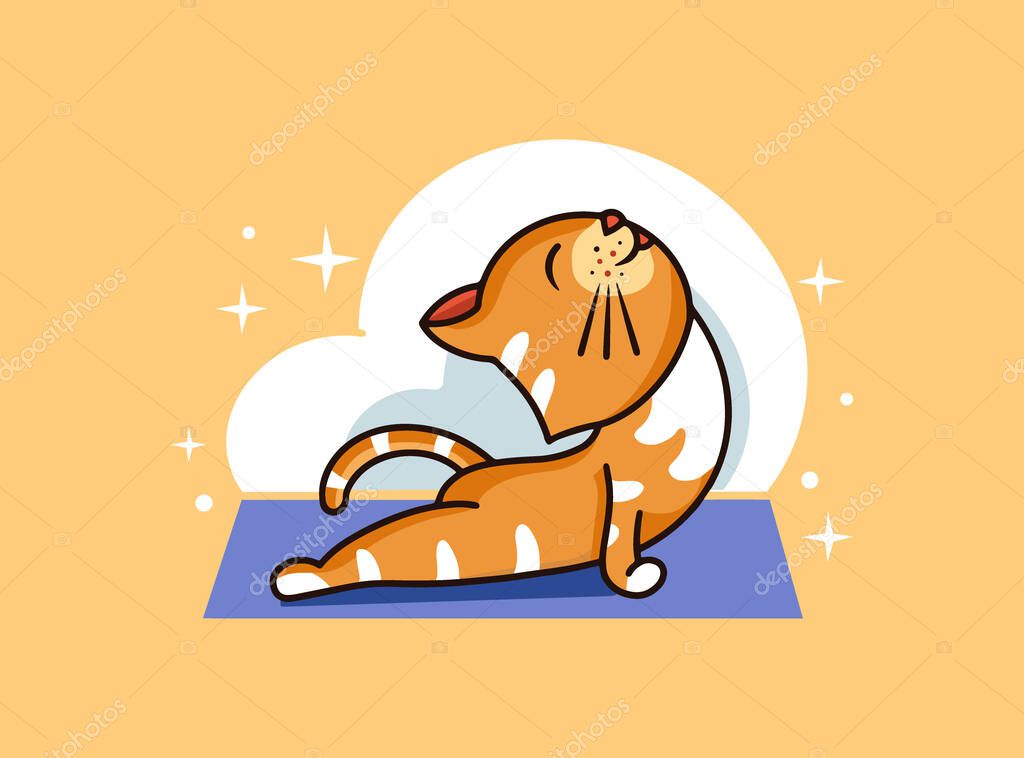 Sport logo and emblem. Kitty yoga badge, sticker, on beige background isolated. Funny cat, cobra pose, character logotype. Vector illustration