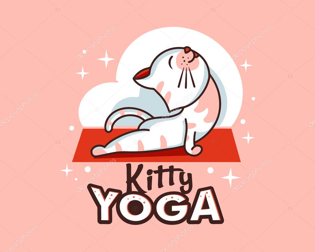 Sport logo and emblem. Kitty yoga badge, sticker, label on pink background isolated. Funny cat, cobra pose logotype with text, phrase. Vector illustration