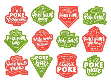 Poke kasesi çıkartmaları, yamalar. Renkli rozetler, amblemler, beyaz arka planda pullar. Elle çizilmiş metin ve cümlelerle retro logo koleksiyonu. Vektör illüstrasyonu