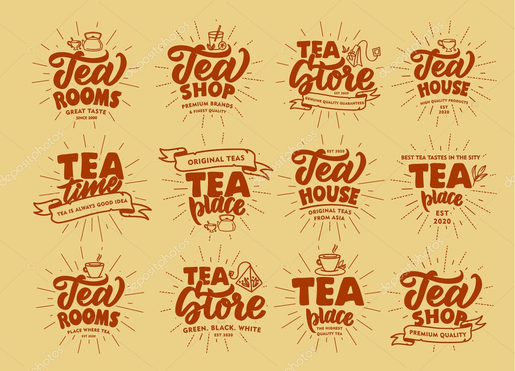 Set of vintage Tea emblems and stamps. Hot drink badges, stickers on beige background with rays. Collection of logos with hand-drawn text, icons, phrases. Vector illustration.