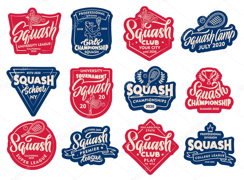 Set of Squash stickers, patches. Colorful badges, emblems, stamps for on white background. Collection of retro sport logos with hand-drawn text, phrases. Vector illustration