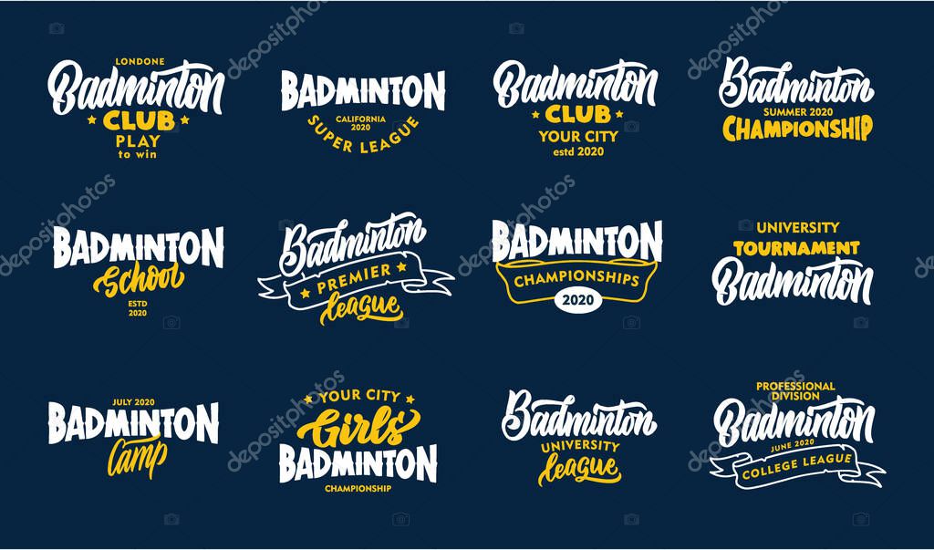 Set of vintage Badminton phrases. Emblems, badges, templates, stickers on blue background. Collection of retro sport logos with hand-drawn text. Vector illustration