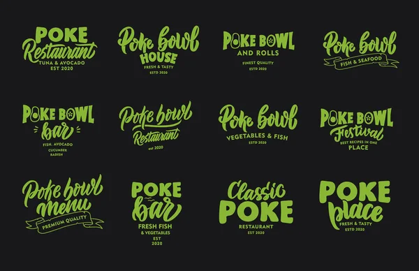 Conjunto Frases Vintage Poke Bowl Emblemas Verdes Insignias Plantillas Pegatinas — Vector de stock