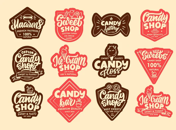 Set Candy Stickers Patches Colorful Badges Emblems Stamps Beige Background — Stock Vector