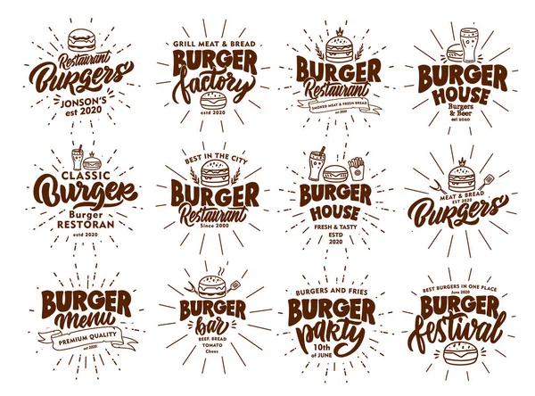 Zestaw Emblematów Znaczków Hamburgerów Odznaki Fast Food Naklejki Białym Tle — Wektor stockowy