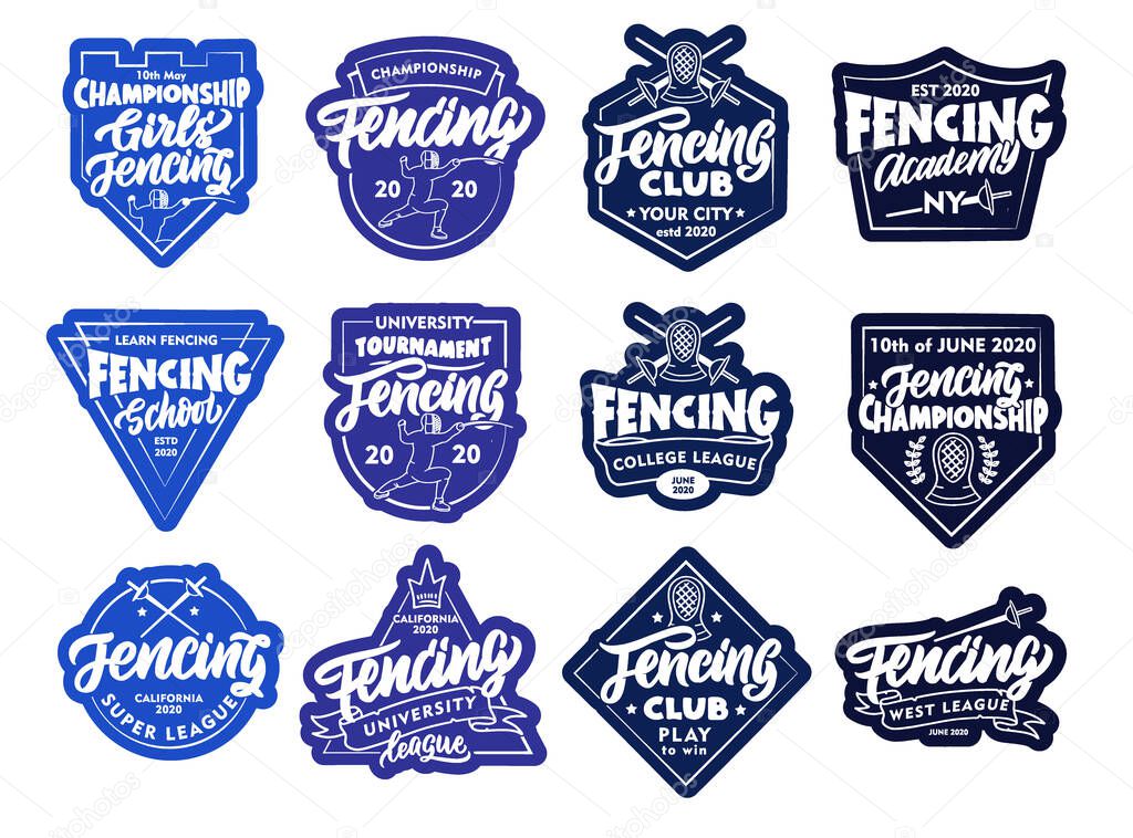 Set of Fencing stickers, patches. Colorful badges, emblems, stamps on white background isolated. Collection of retro sport logos with hand-drawn text, phrases. Vector illustration