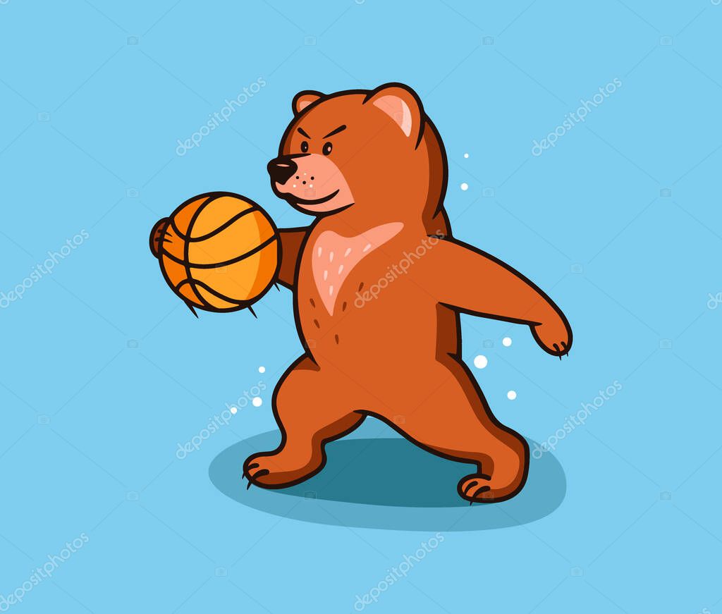 Bear funny, logotype. Sport wild animal logo and emblem. Grizzly bear cub character with ball. Basketball badge, sticker, label on blue background isolated. Vector illustration