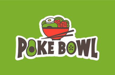 Deniz ürünleri amblemi. Poke Bowl rozeti, yeşil arka plandaki çıkartma izole edilmiş. Elle çizilmiş metin ve ikon içeren retro logoti koleksiyonu. Vektör illüstrasyonu.