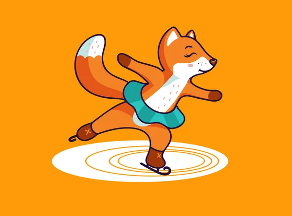 溜冰时的狐狸小角色 花样滑冰徽章 橙色背景的标签 运动动物标志和标志 滑稽滑稽的标志类型 矢量说明 — 图库矢量图片