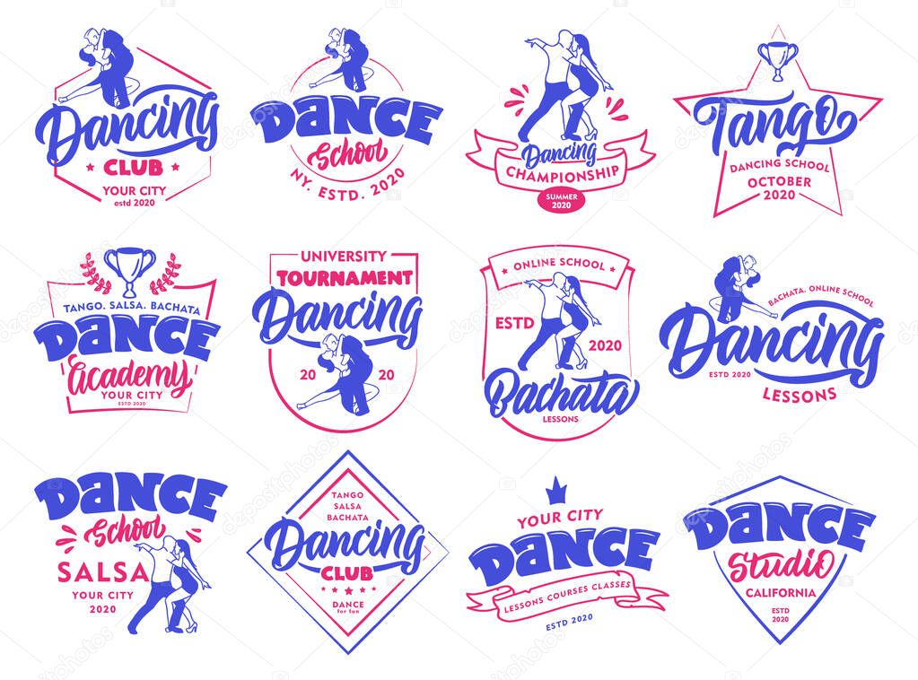 Set of vintage Dancing emblems and stamps. Sport color badges, stickers on white background isolated. Collection of Bachata, Salsa, Tango logos with hand-drawn text, phrases. Vector illustration