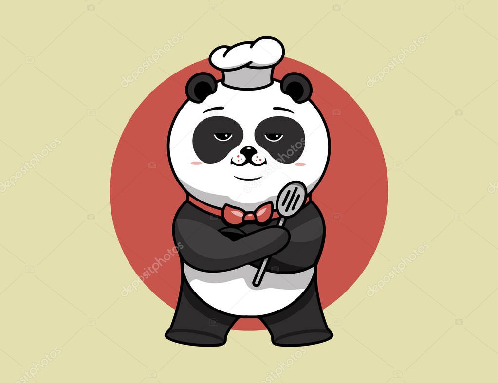 Super chef logo, cooking template, the hero proudly folded his paws. Funny panda character, logotype, badge, sticker, emblem, label on background. Vector illustration