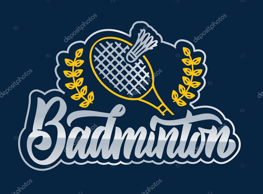 Badminton emblem. Sport badge, sticker on blue background isolated. Retro logos with hand-drawn text, phrase, icon. Vector illustration