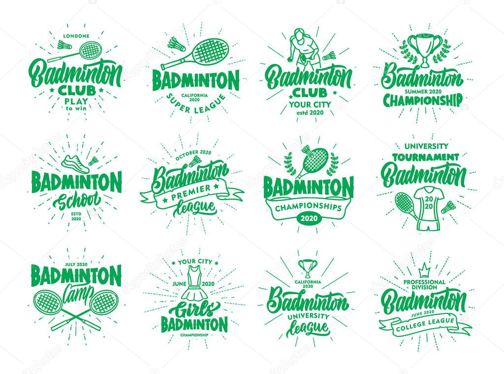 Set of vintage Badminton emblems and stamps. Green badges, stickers on white background isolated with rays. Collection of retro logos with hand-drawn text, phrases. Vector illustration