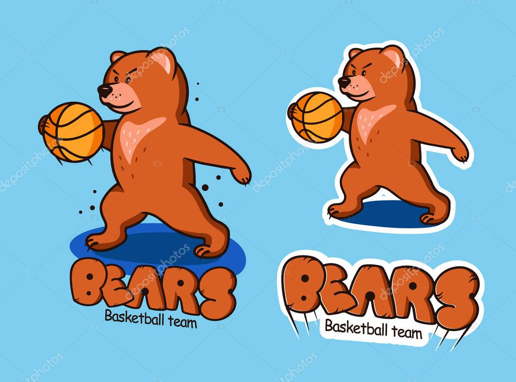 Set bear funny, logotype. Sport animal logo and emblem. Grizzly bear cub character with ball. Basketball badge, sticker, label on blue background isolated. Vector illustration