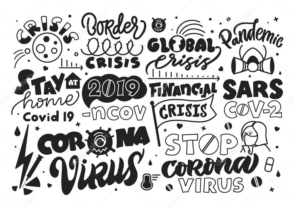 Coronavirus covid-19 2019-nCoV. Set of lettering phrases, emblems, logos, hand-drawn text, icons. Pandemic stop infographic on white background. Vector illustration